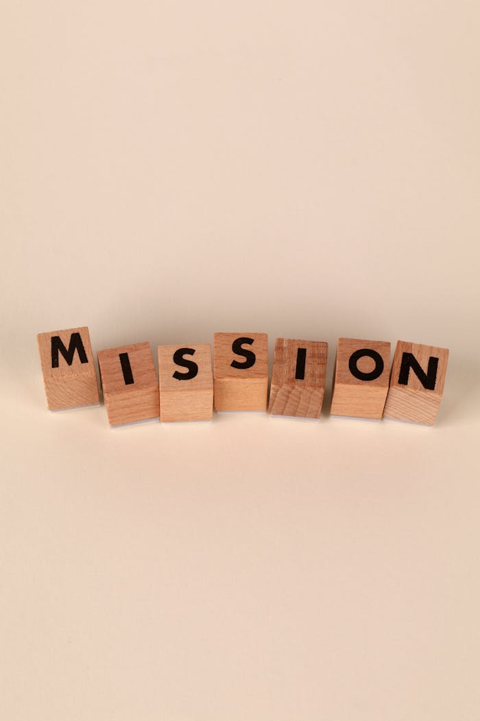 Wooden blocks with letters spelling 'Mission' on a soft neutral background, ideal for business themes.